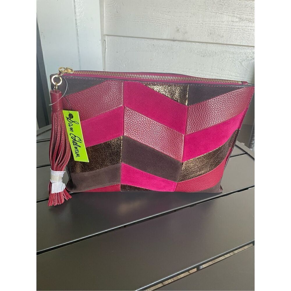 NWT Sam Edelman Chevron Suede Leather Patchwork Fringe Clutch Red/ Brown - Picture 14 of 15